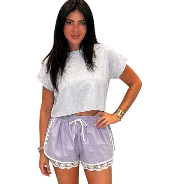 Play Nice Lace Trim Lounge Shorts - Lavender – Alicia DiMichele