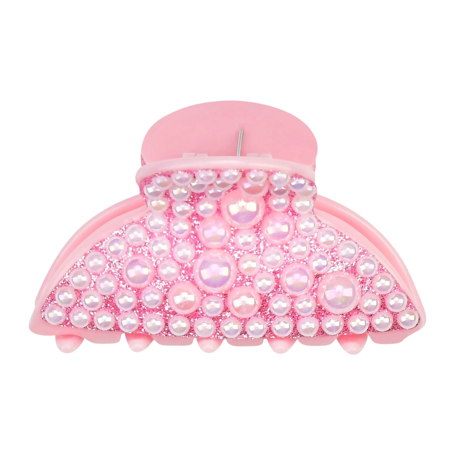 A pink hair claw clip embellished with iridescent pearls and rhinestones on a plain white background.
