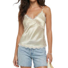 tan satin camisole with lace trim on a white background