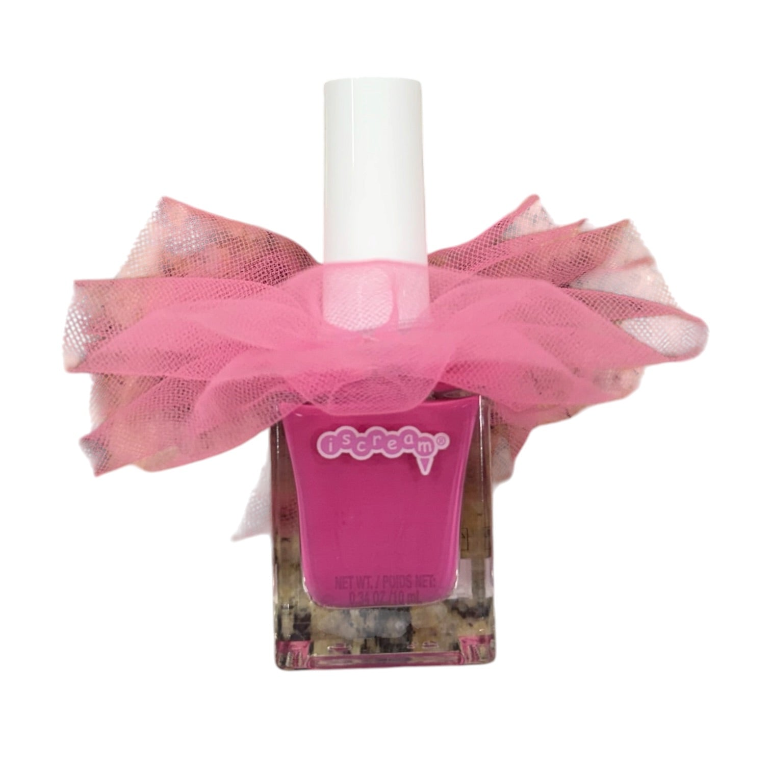 A bottle of pink nail polish with a white cap, decorated with a pink tulle bow around the neck, on a plain white background.