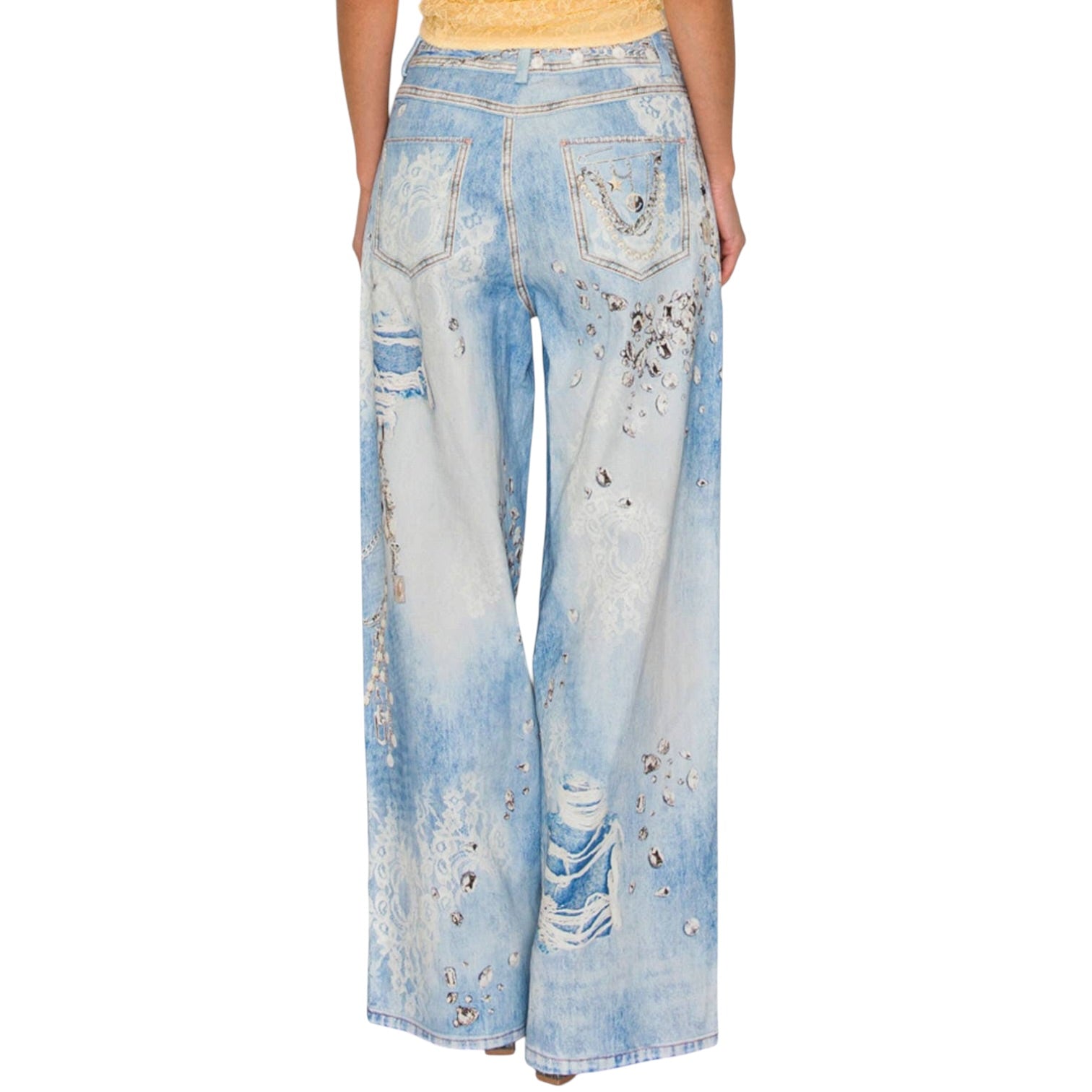 Light blue denim pants with embellishments on a white background