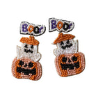 A pair of Halloween-themed beaded drop earrings featuring jack-o'-lanterns, ghosts, and a bow tie with the word 'BOO' in purple, orange, and white beads, set against a plain white background.