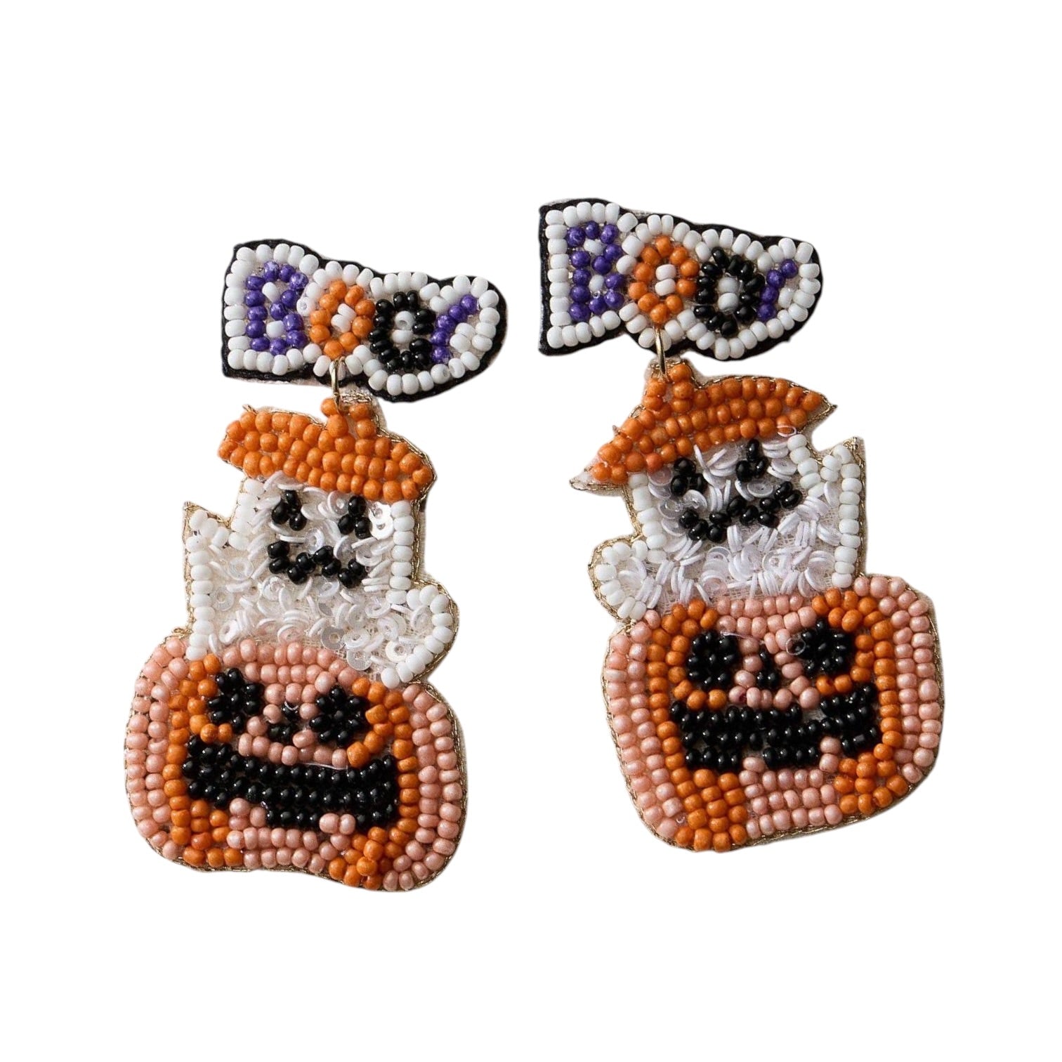 A pair of Halloween-themed beaded drop earrings featuring jack-o'-lanterns, ghosts, and a bow tie with the word 'BOO' in purple, orange, and white beads, set against a plain white background.