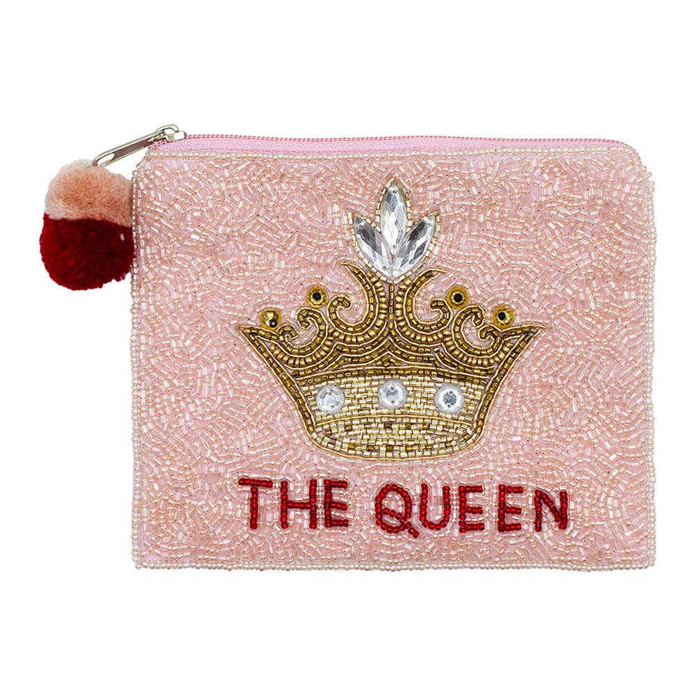 Pink pouch with gold crown design and 'THE QUEEN' text on a white background