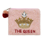 Pink pouch with gold crown design and 'THE QUEEN' text on a white background