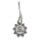 A gothic-style Christmas ornament featuring a circular cabochon with the text 'Queen of Everything' in black script, surrounded by an ornate silver filigree frame and a distressed silver hanging ribbon.