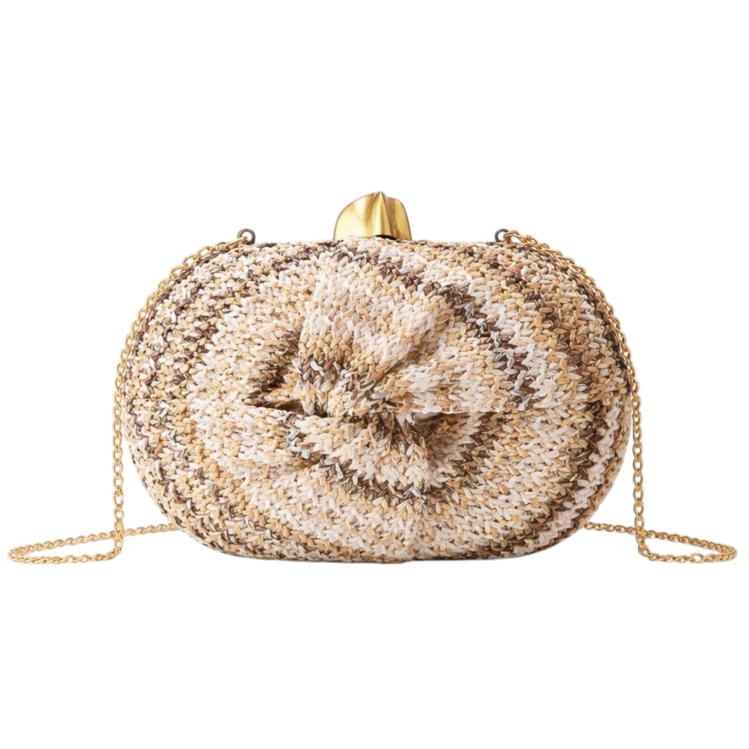 twist straw clutch crossbody bag on white background