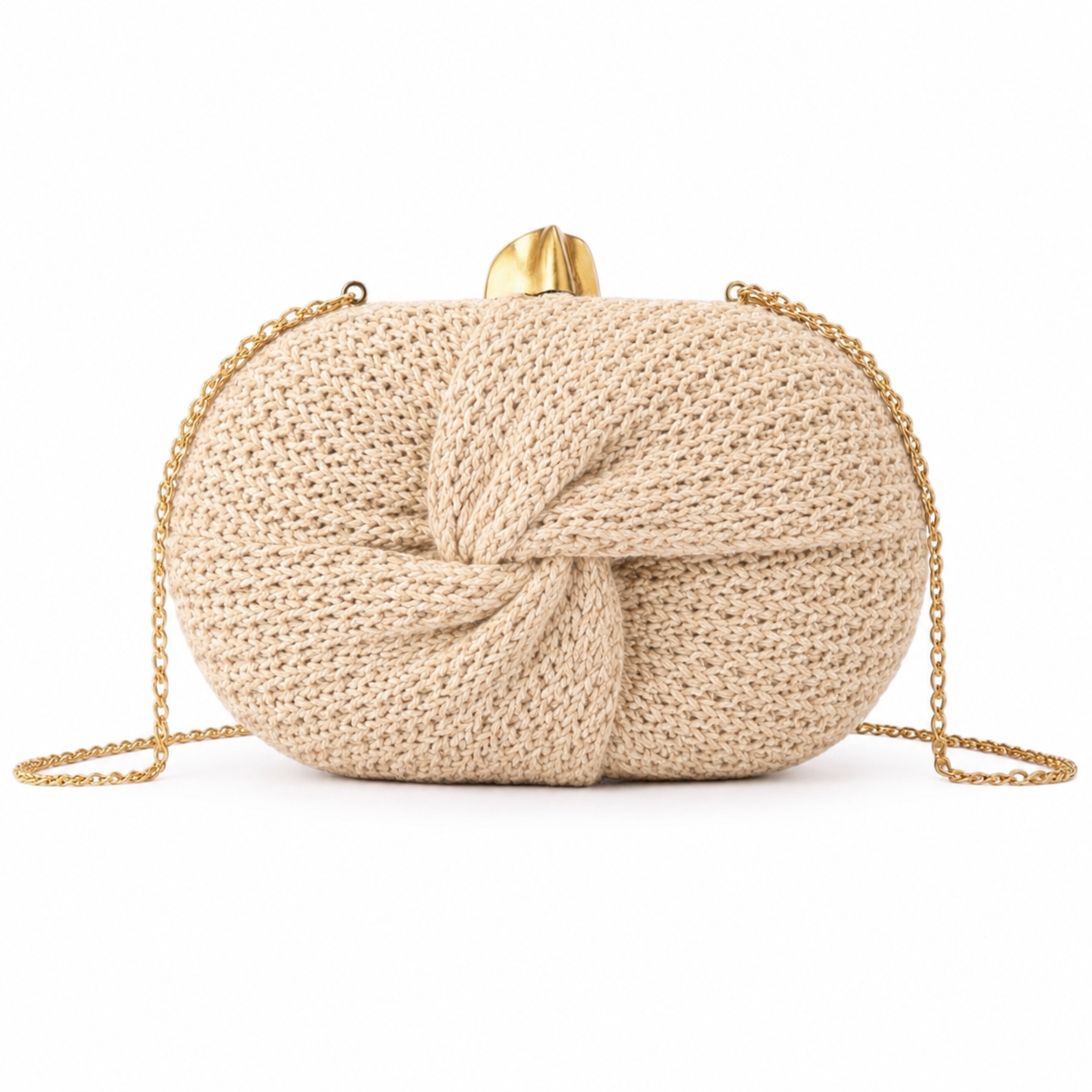 khaki twisted straw clutch crossbody bag on white background