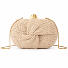 khaki twisted straw clutch crossbody bag on white background