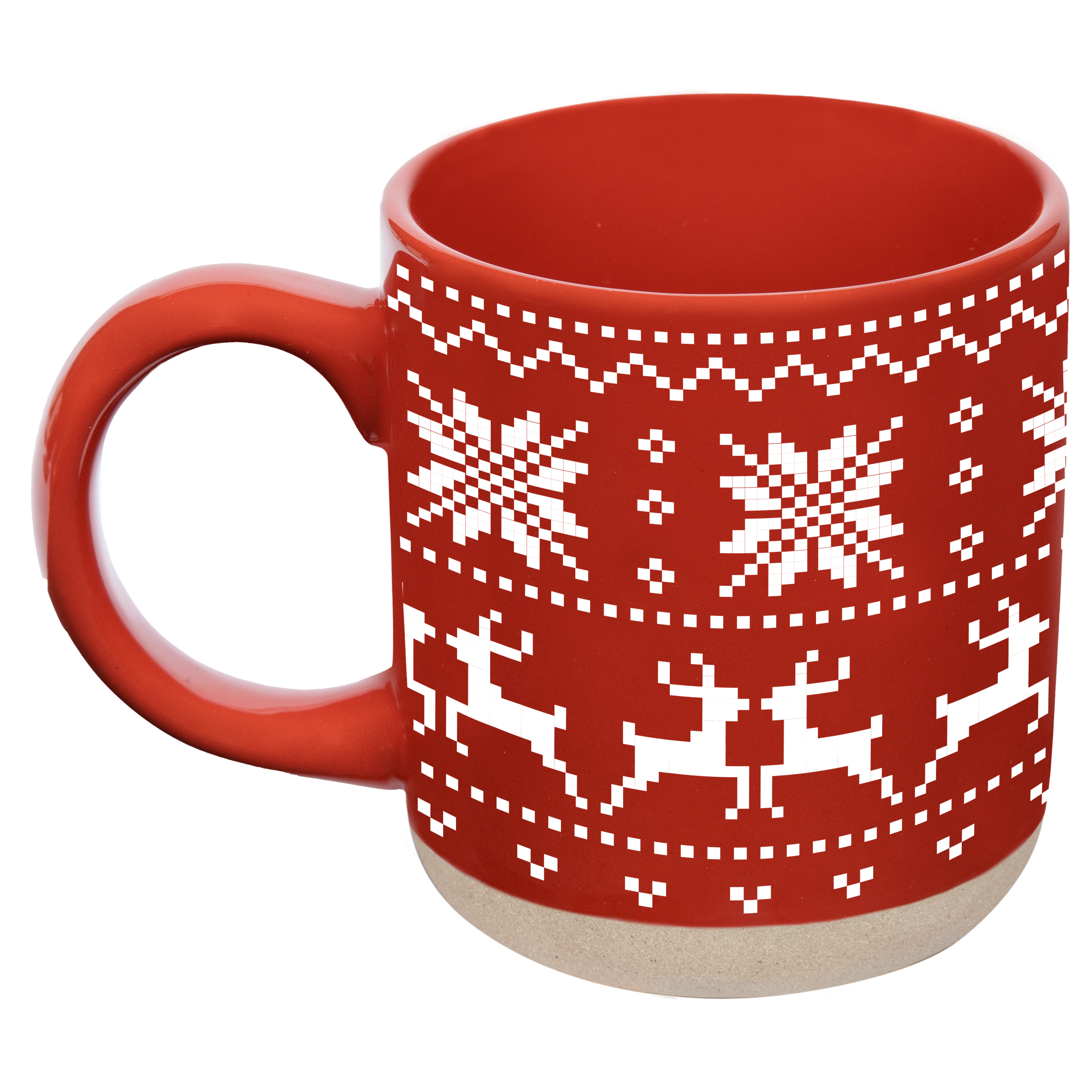 A red ceramic mug with a white pixelated holiday pattern featuring snowflakes and reindeer, set against a plain white background.