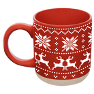 A red ceramic mug with a white pixelated holiday pattern featuring snowflakes and reindeer, set against a plain white background.