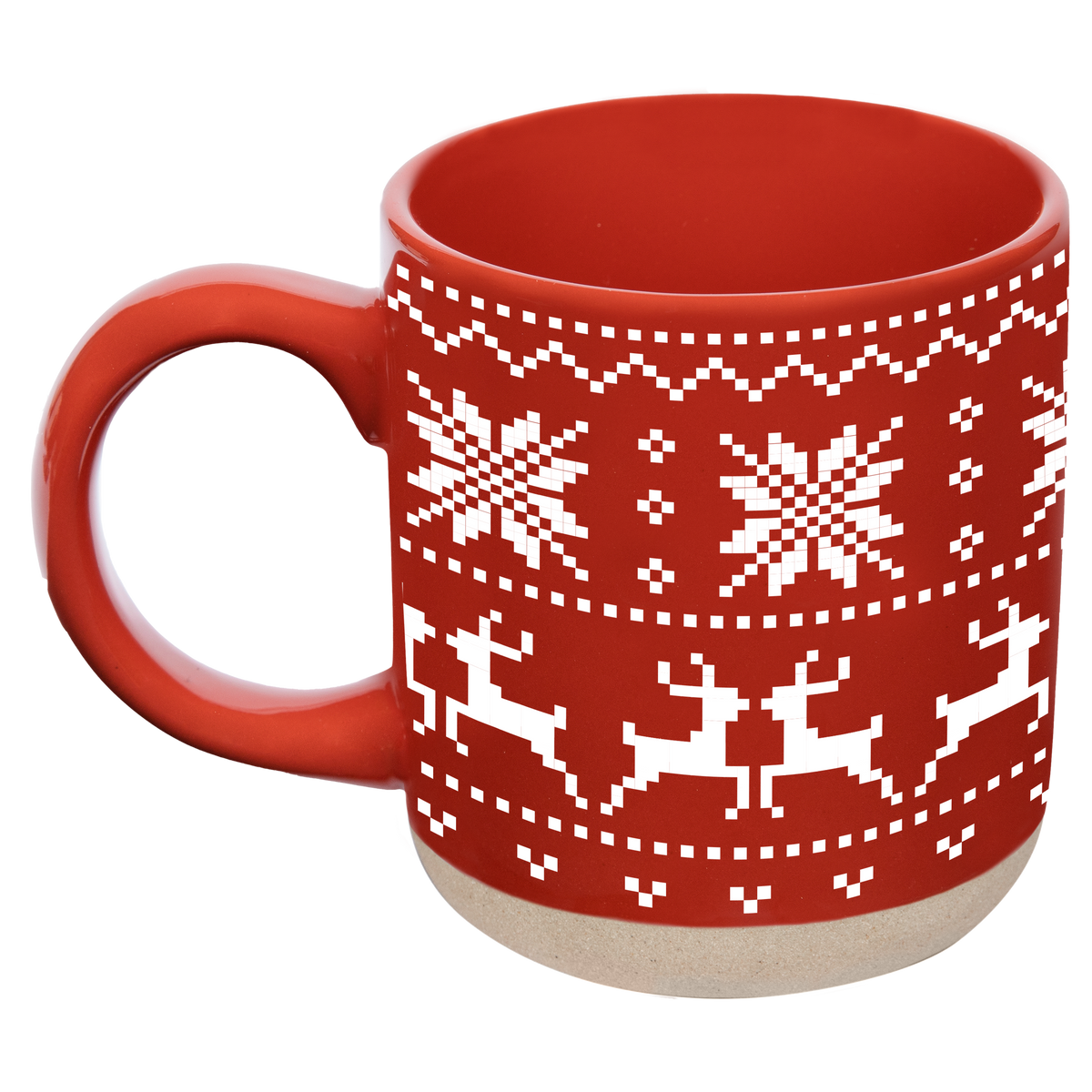 A red ceramic mug with a white pixelated holiday pattern featuring snowflakes and reindeer, set against a plain white background.