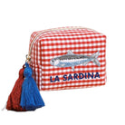 Red and white checkered pouch with fish design and 'La Sardina' text on a white background