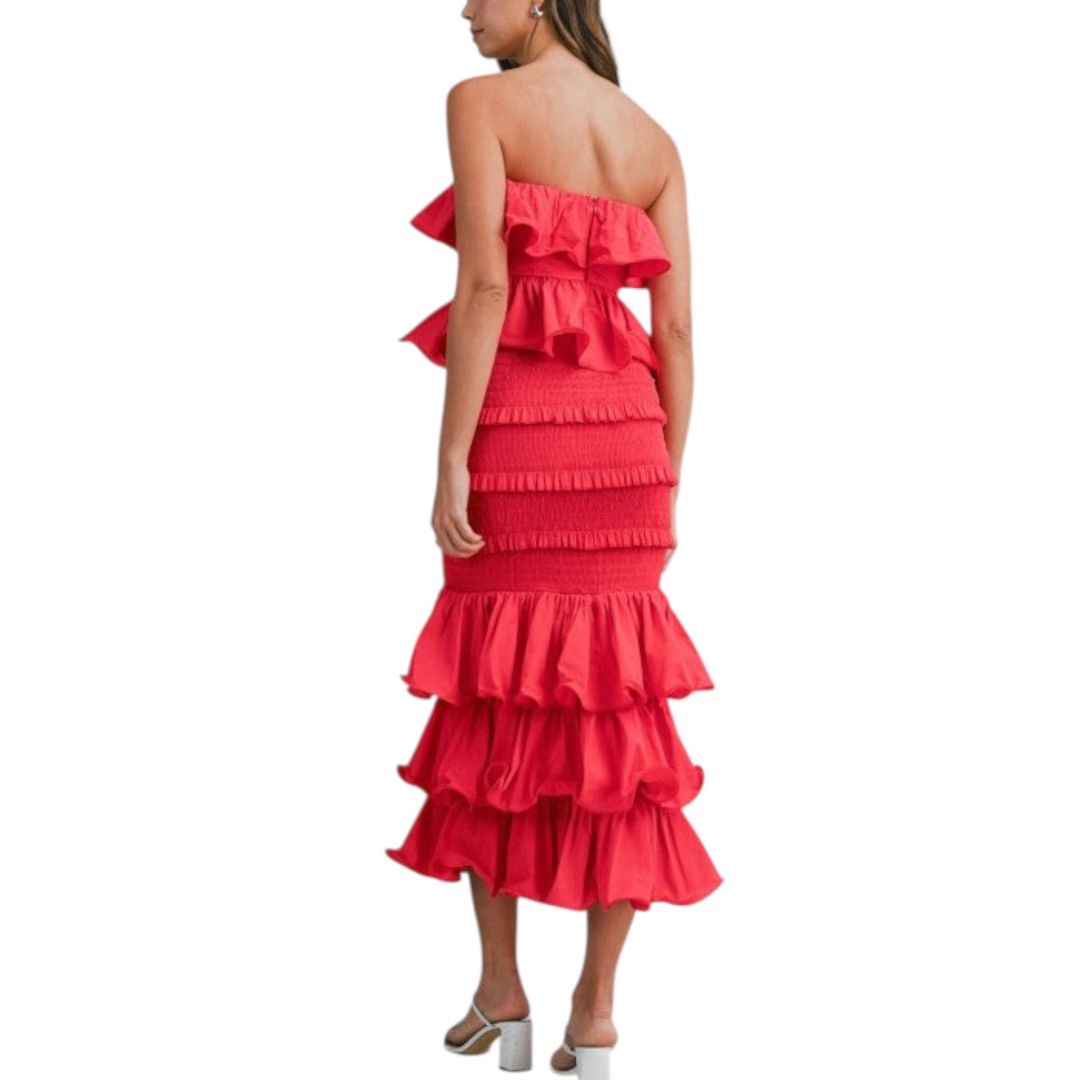 Red strapless set with ruffled layers on a white background