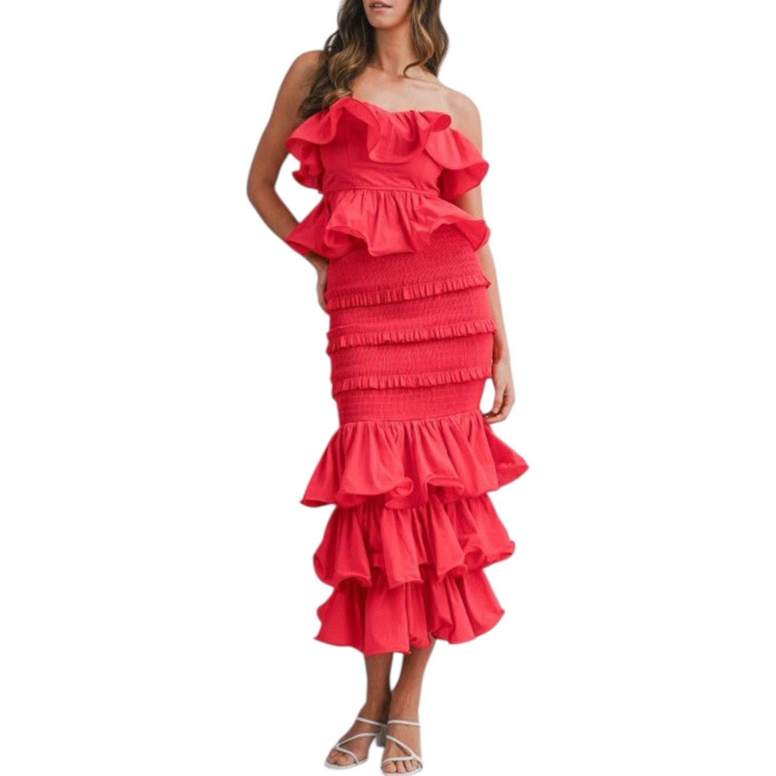 Red sleeveless ruffled set on a white background