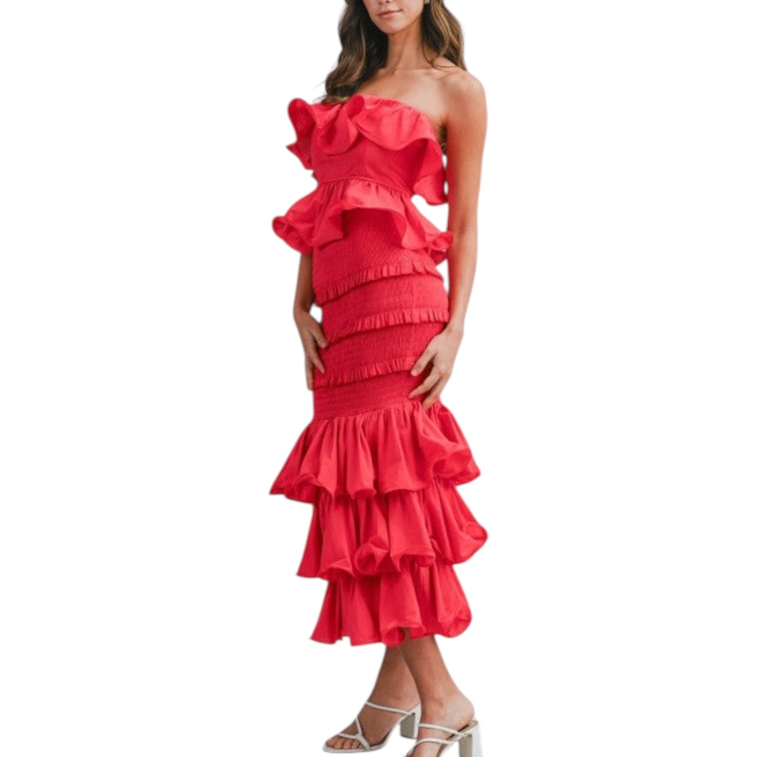 Red strapless ruffled set on a white background
