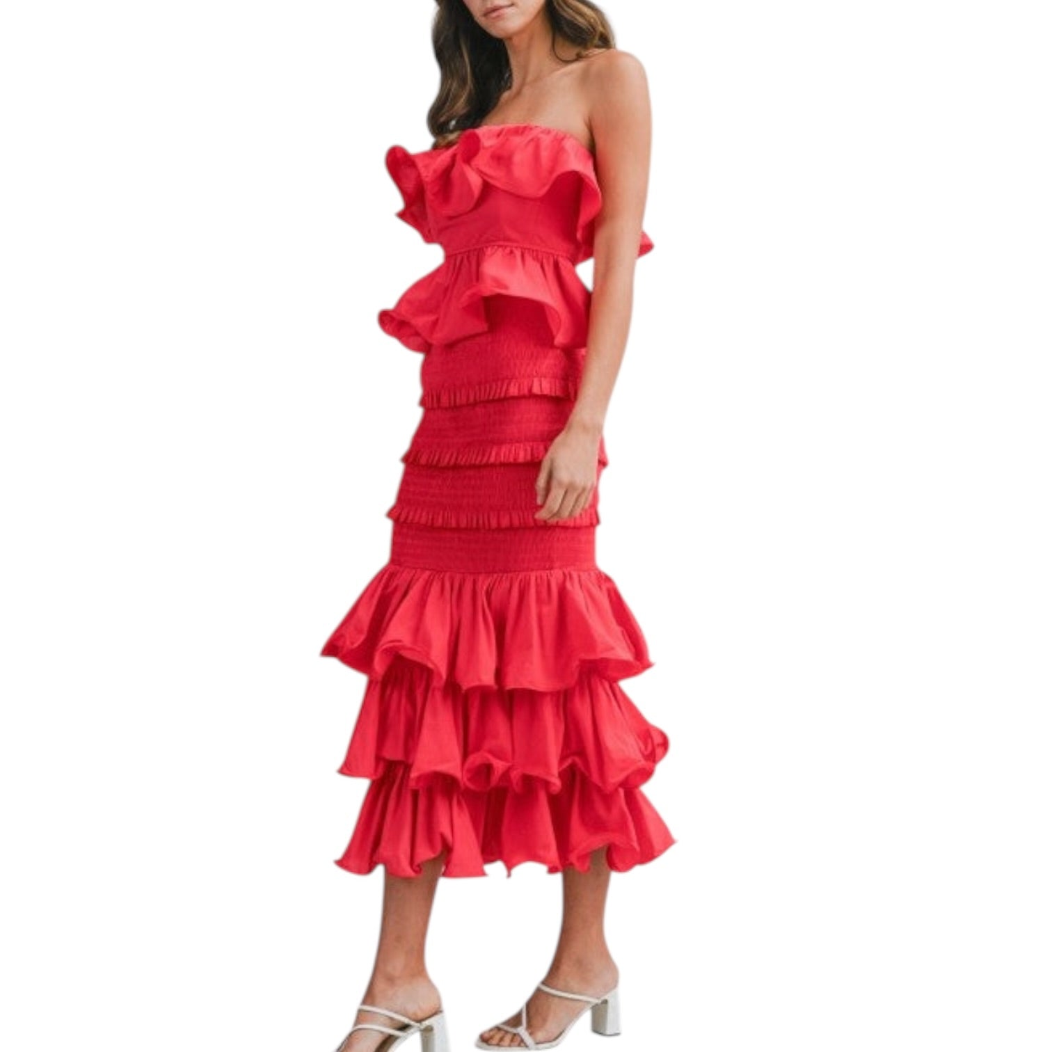 Red strapless ruffled set on a white background