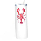 White tumbler with a red lobster design on a white background