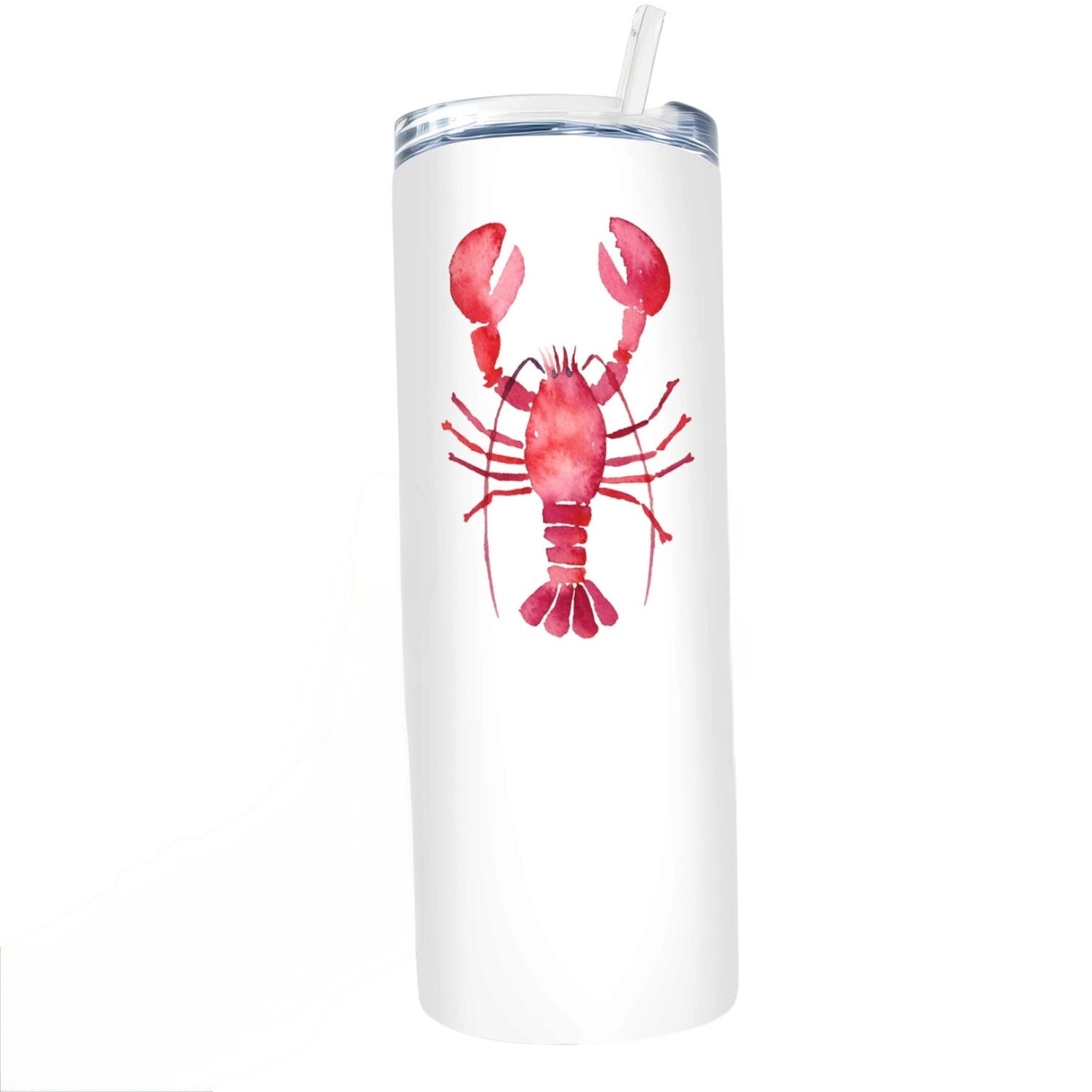 White tumbler with a red lobster design on a white background