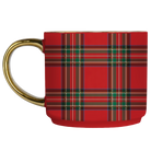 A ceramic mug with a red tartan plaid pattern and a shiny gold handle, shown against a plain white background.
