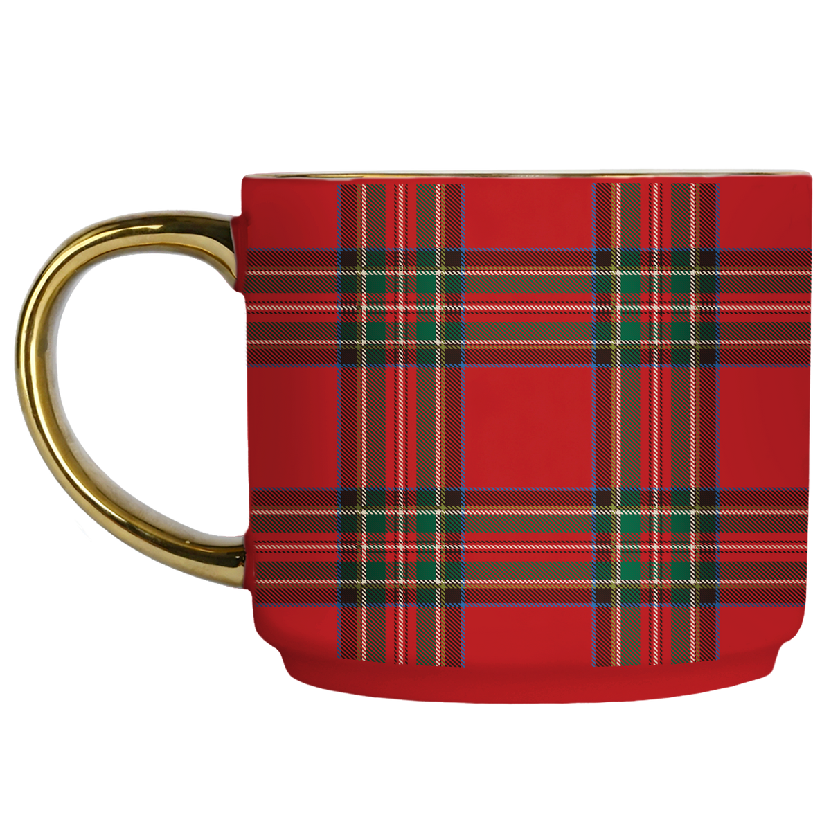 A ceramic mug with a red tartan plaid pattern and a shiny gold handle, shown against a plain white background.