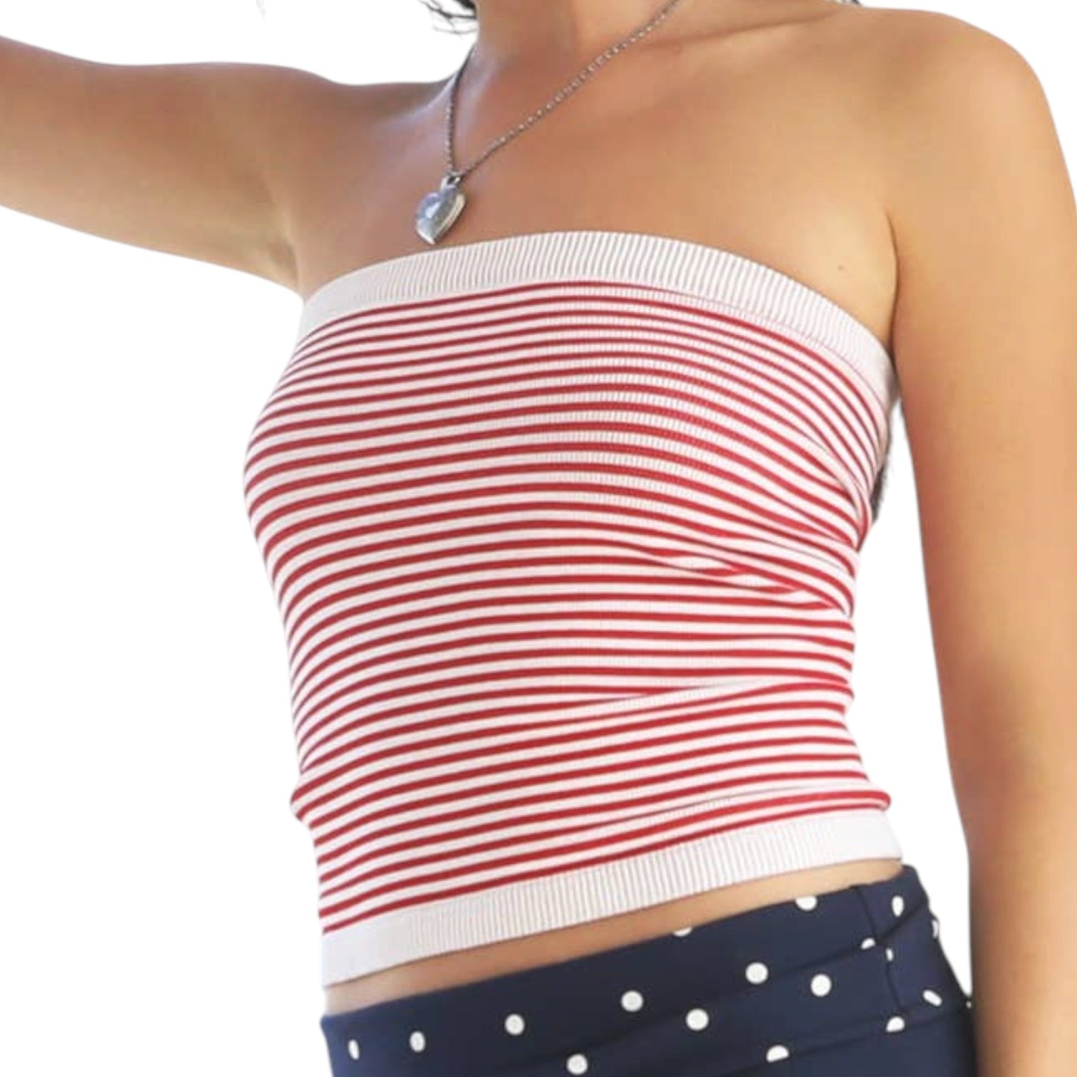 Red and white striped tube top worn by a person on a white background