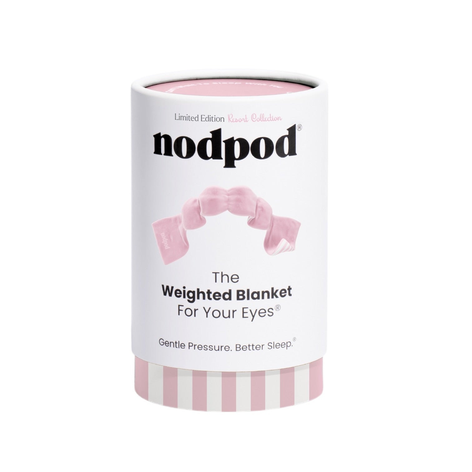 Nodpod weighted eye mask packaging with pink straps on a white background