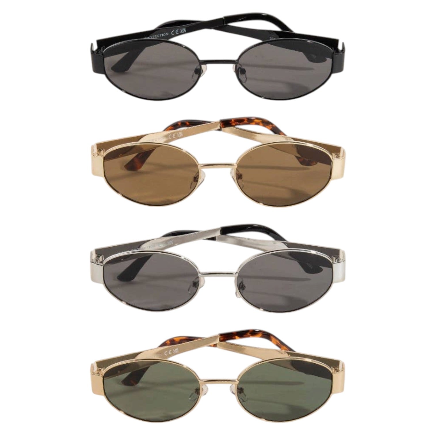 Four pairs of sunglasses with different frame colors and lens colors on a white background