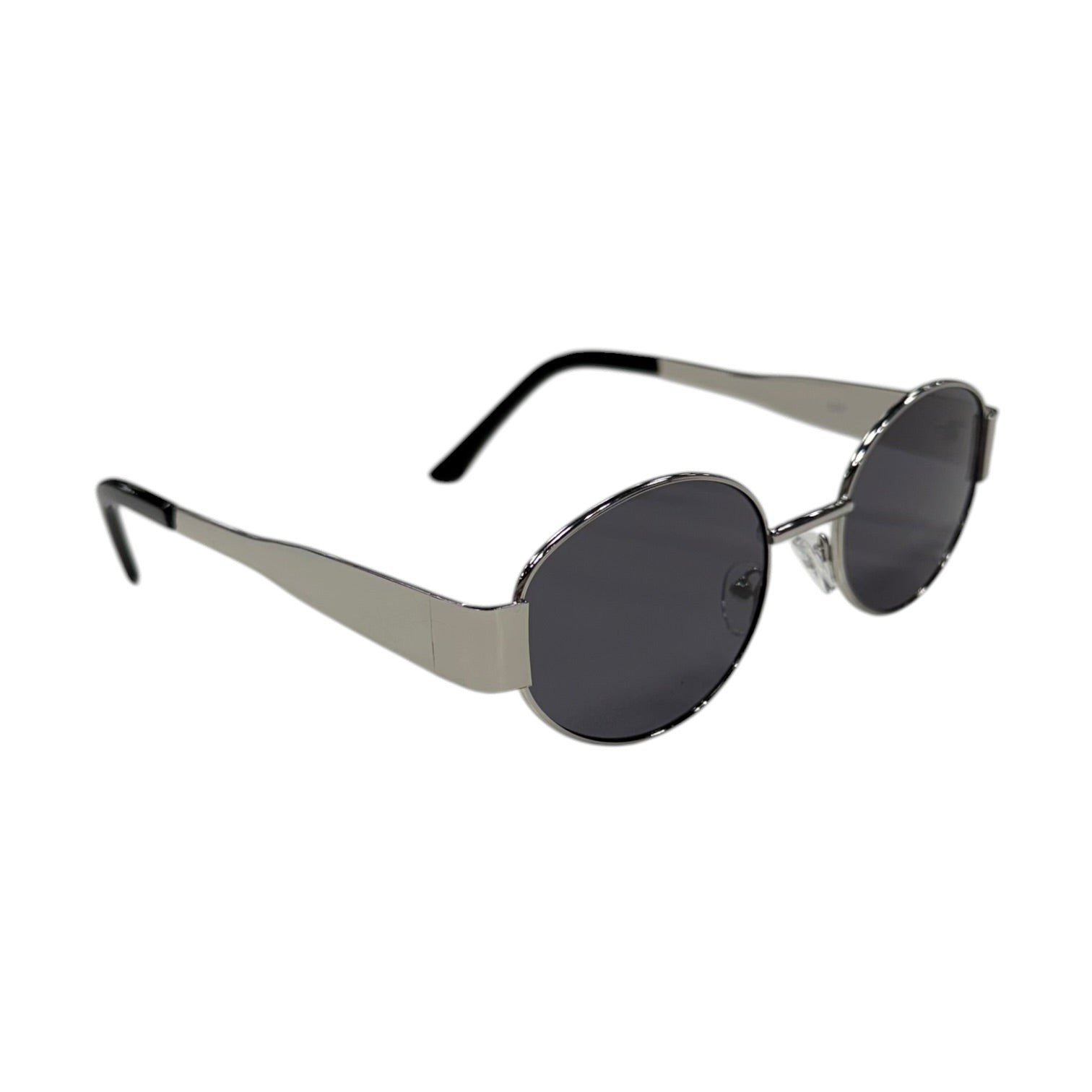 Round sunglasses with silver frame and dark lenses on a white background