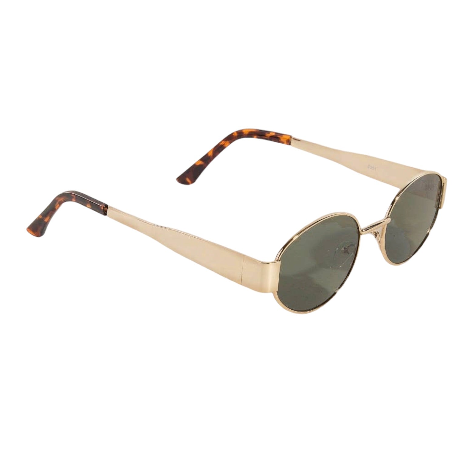 Sunglasses with gold frame and tortoiseshell accents on a white background