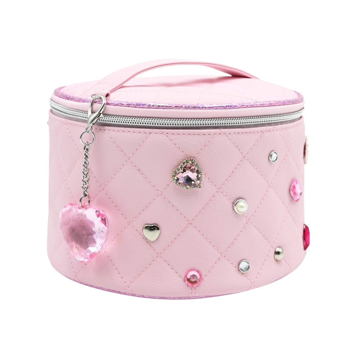 A light pink quilted cosmetic bag with a top handle, silver zipper, and decorative rhinestones and charms on a white background.