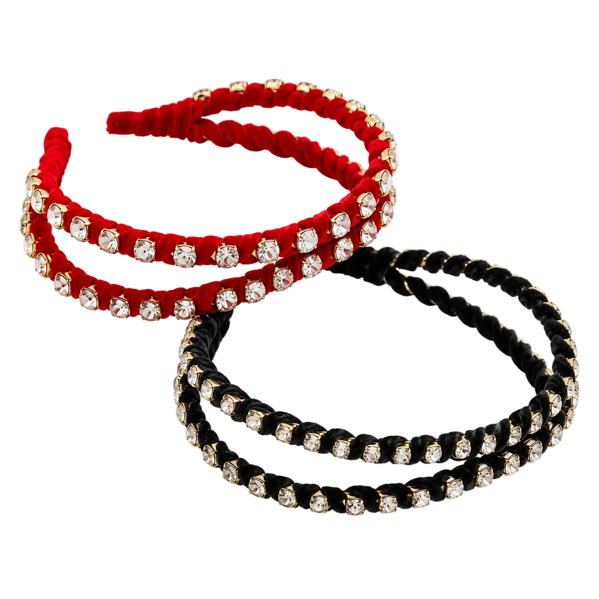 Two braided headbands on a plain white background, one in bright red and one in black, both embellished with clear rhinestones. No person, animal, or real environment is present, so this is Product/Packaging.