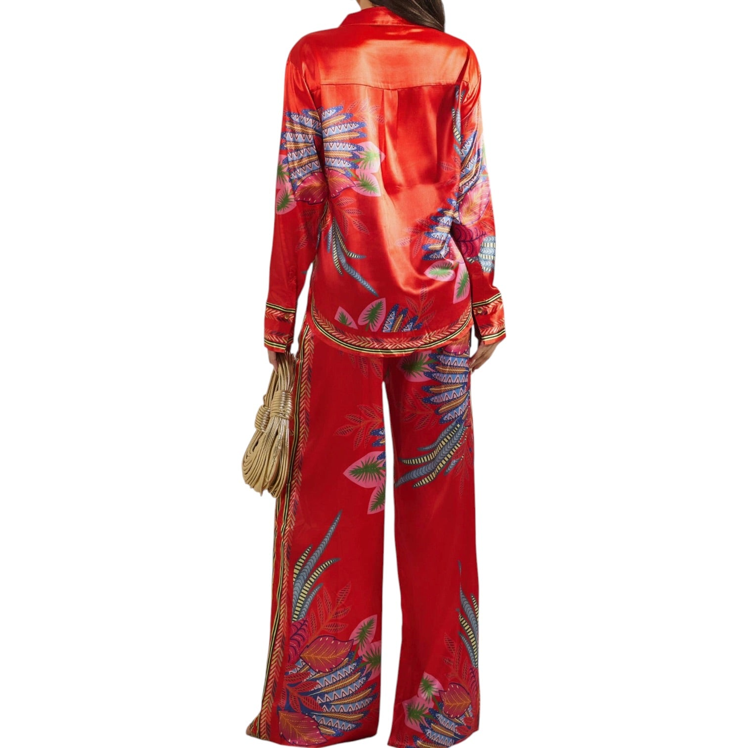 woman wearing red patterned set on white background