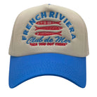 Beige and blue cap with 'French Riviera Club de Mer' text and fish graphics on a white background