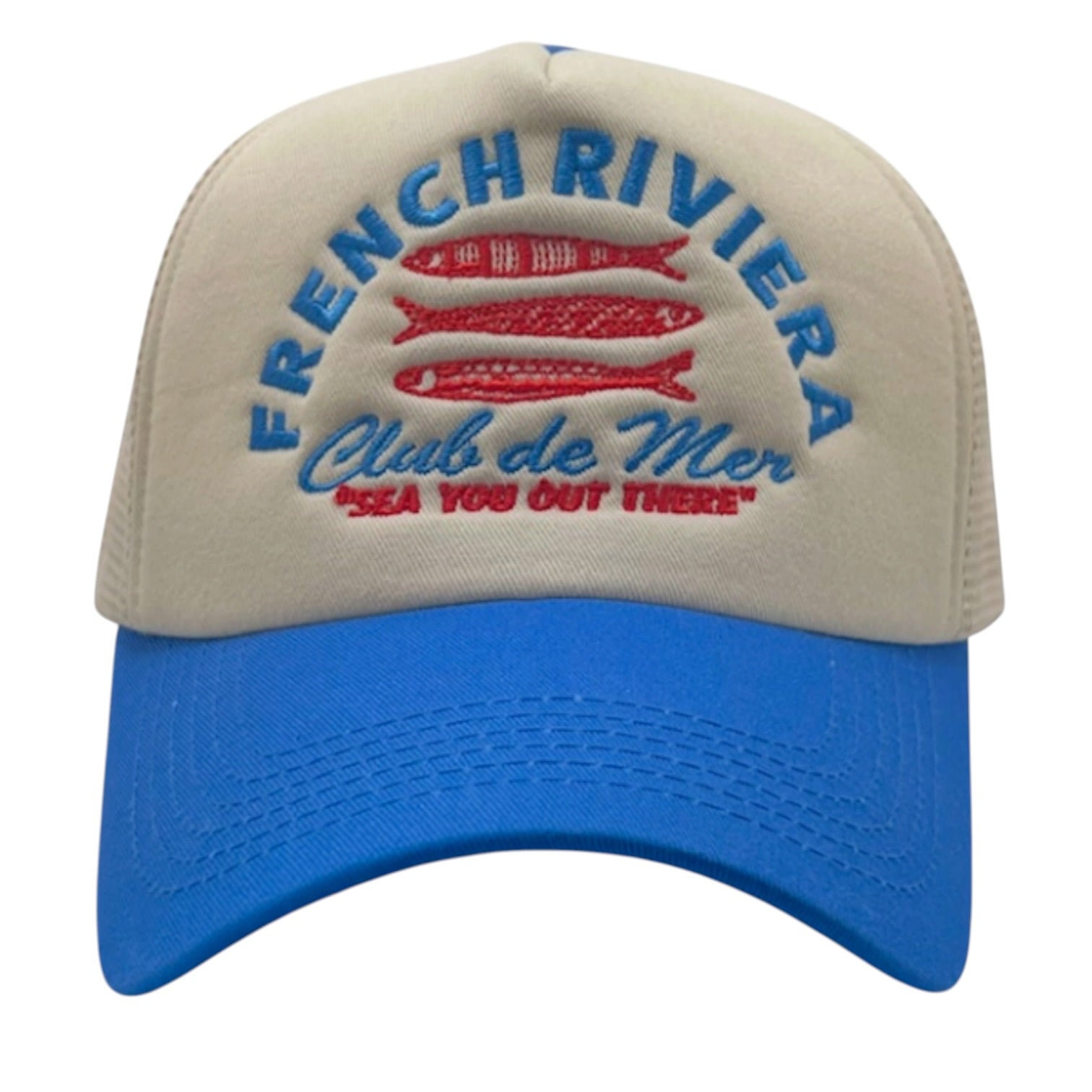 Beige and blue cap with 'French Riviera Club de Mer' text and fish graphics on a white background