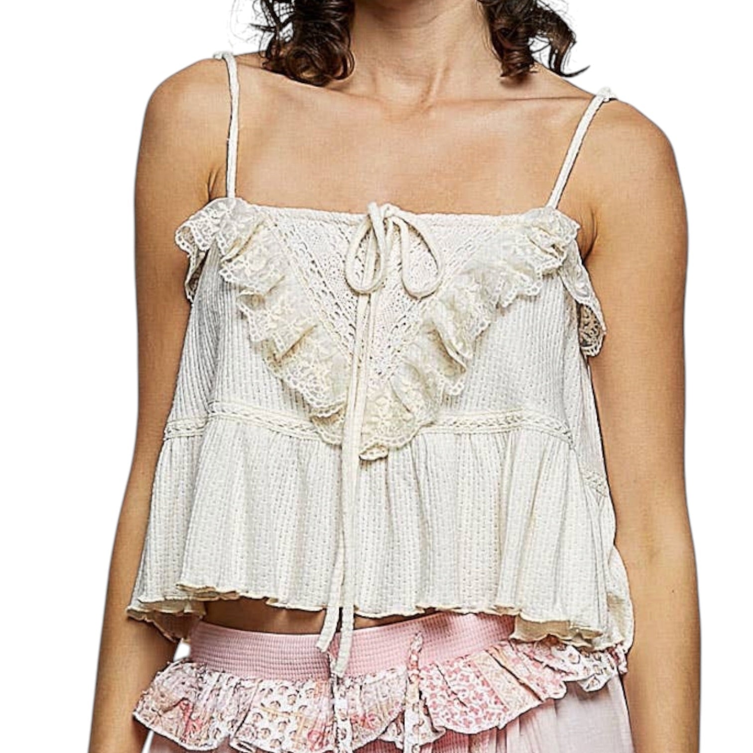 Romance Lace Ruffle Cami Top – Natural – Alicia DiMichele Boutique