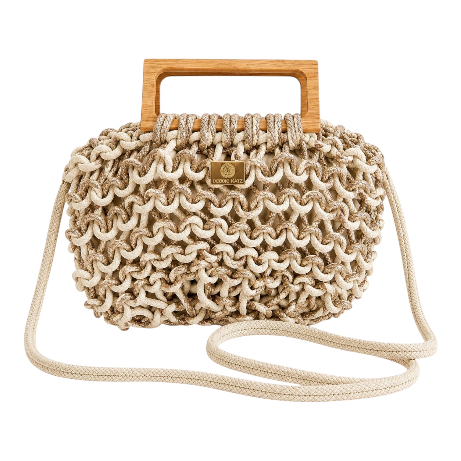 Beige woven handbag with wooden handle on a white background