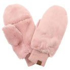 A pair of soft pink faux fur mittens with ribbed knit cuffs, displayed on a clean white background.