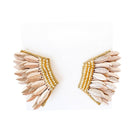 Pair of earrings with feather-like design and gold accents on a white background