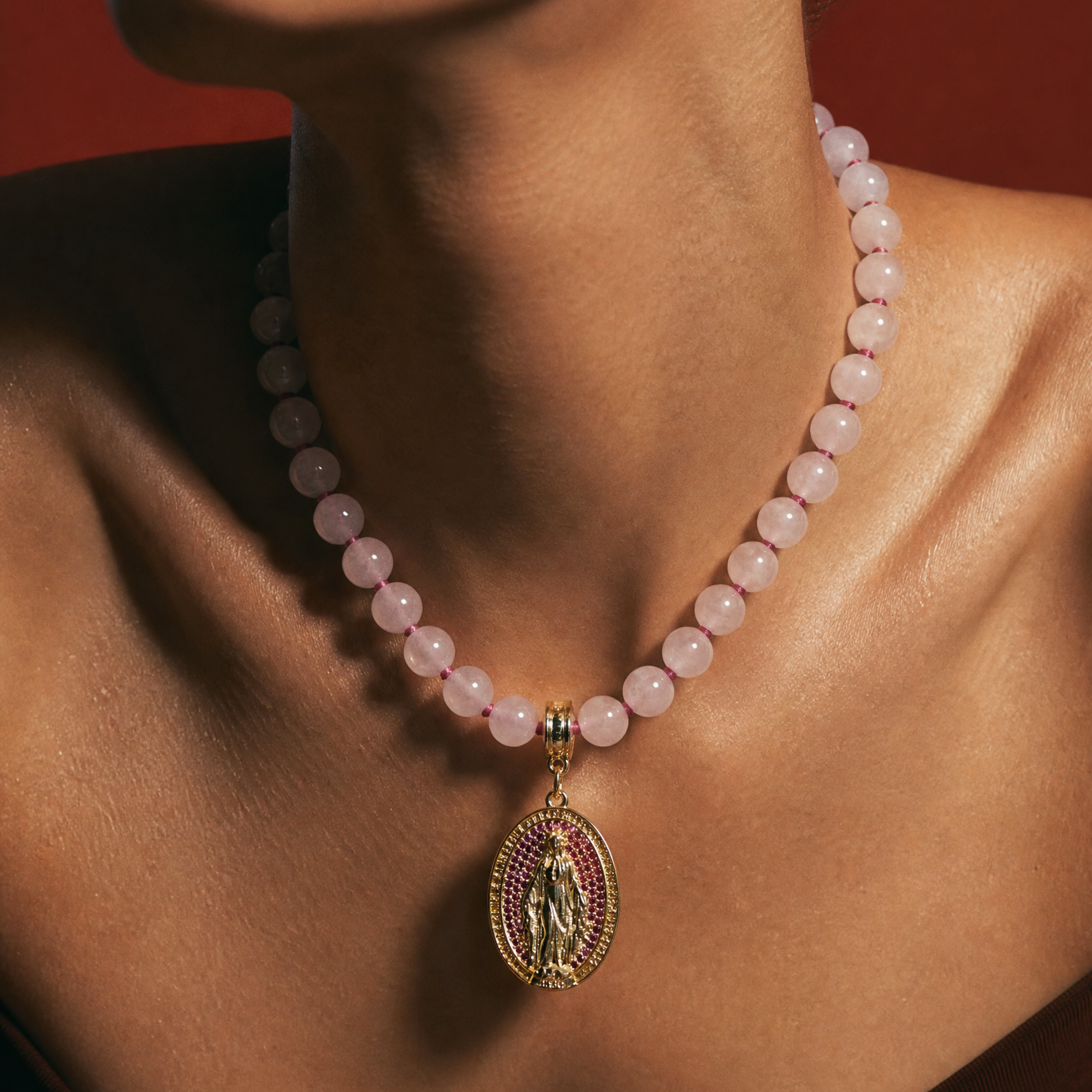 Rose Quartz Virgin Mary Bridal Necklace