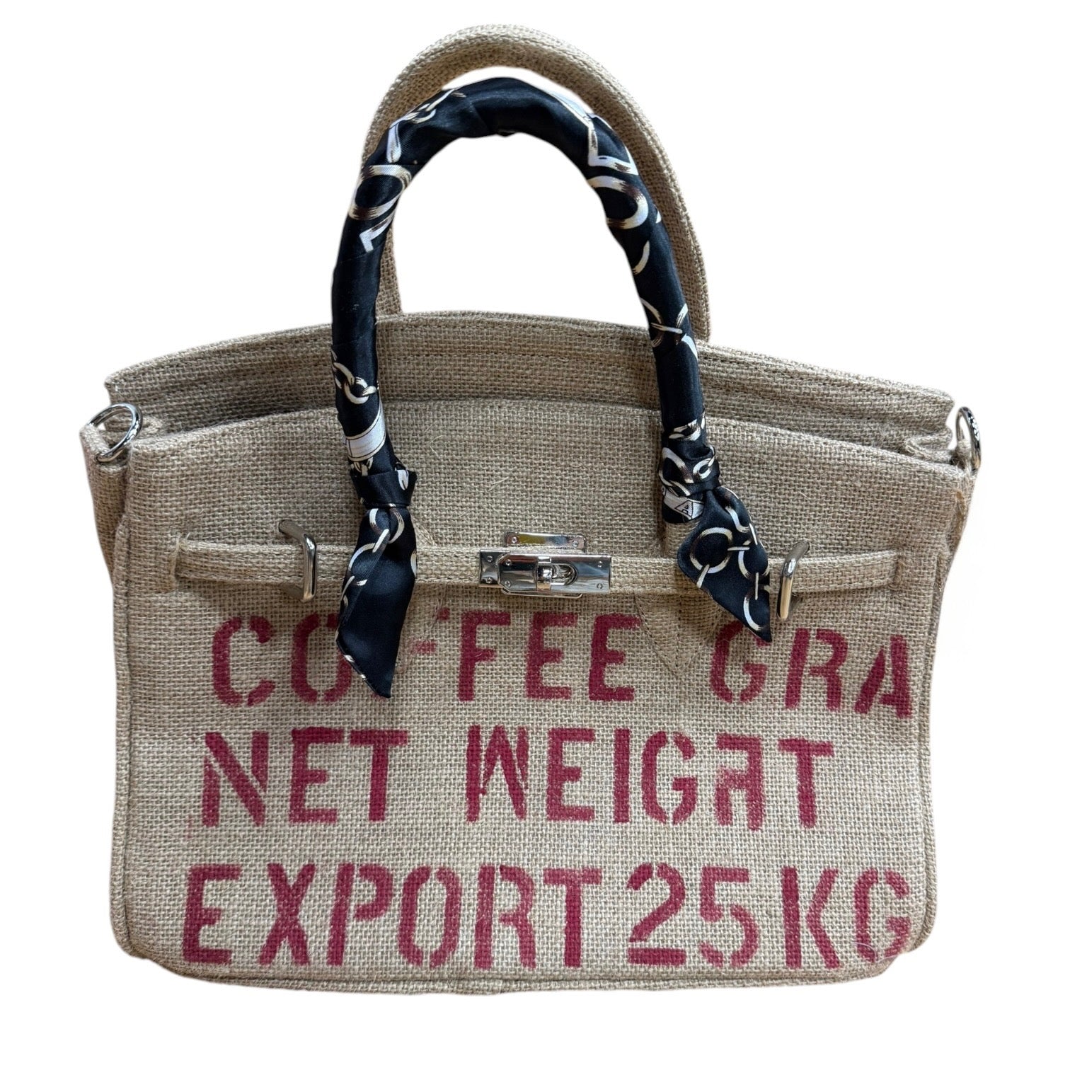 Handbag designed like a coffee bag with text and black handle scarf on a white background
