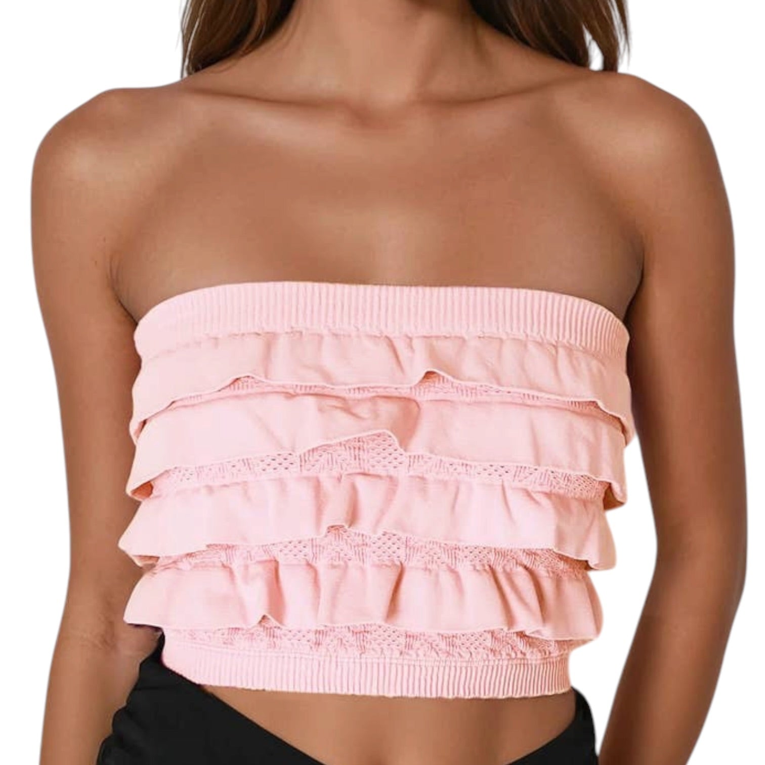 Pink ruffled strapless top worn by a person on a white background