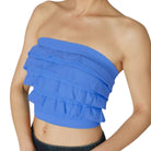 Blue strapless top with ruffled layers on a white background