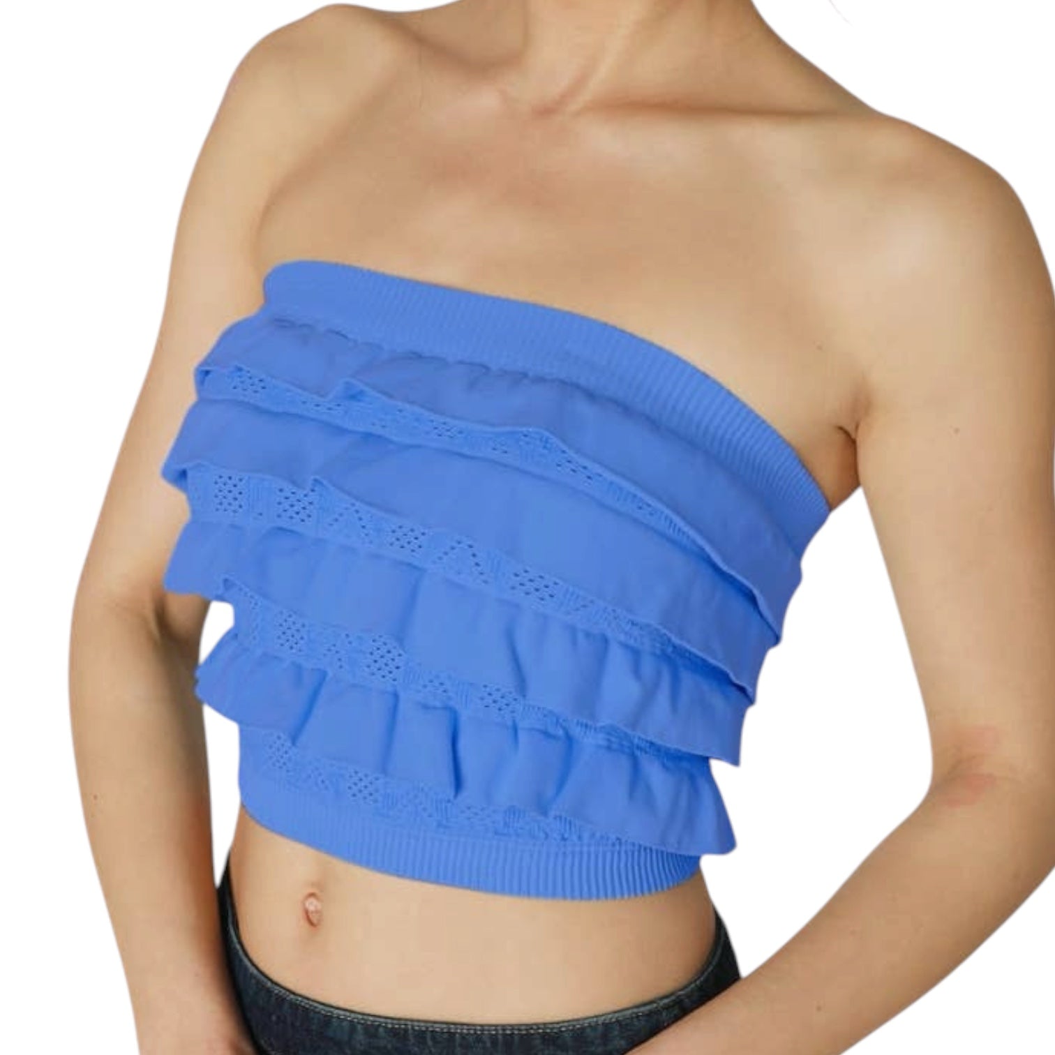 Blue strapless top with ruffled layers on a white background