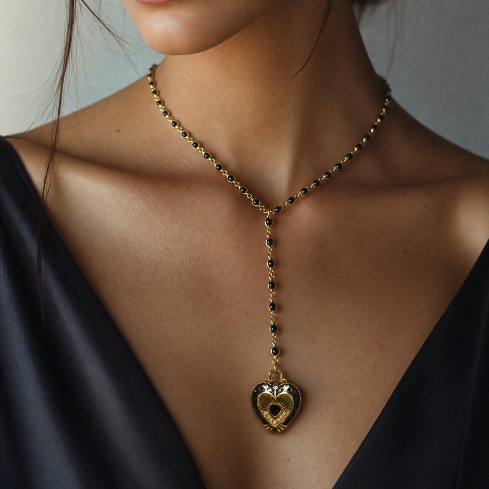 Black Gold Sacred Heart Lariat Necklace