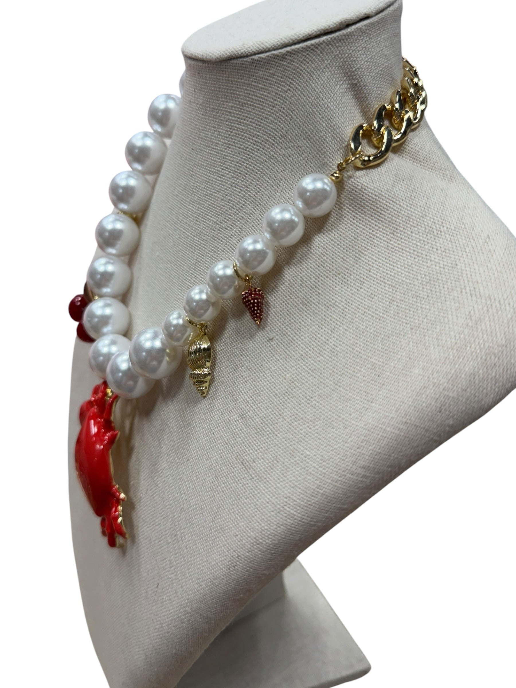pearl  and chain necklace with crab, cherry, strawberry, coin and shell