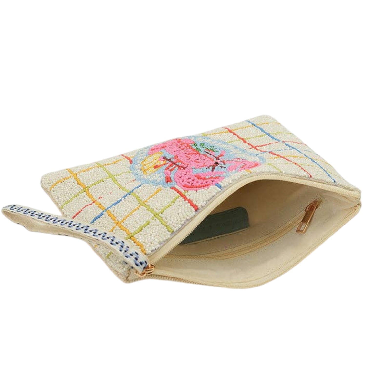 Embroidered pouch with colorful design on a white background