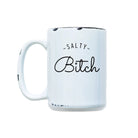 White mug with black text 'SALTY BITCH' on a white background