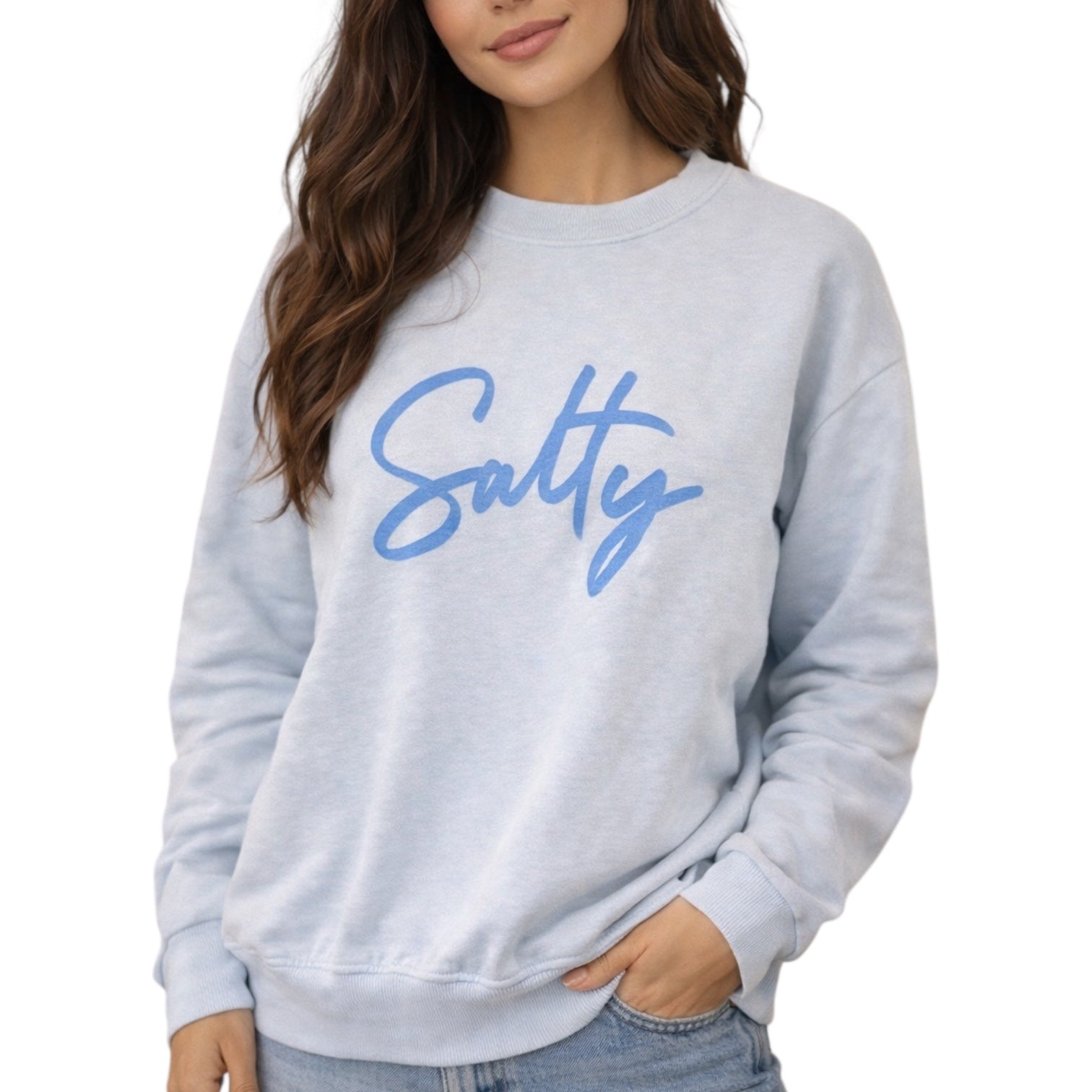 Light blue sweatshirt with 'Salty' in blue text worn by a person on a white background