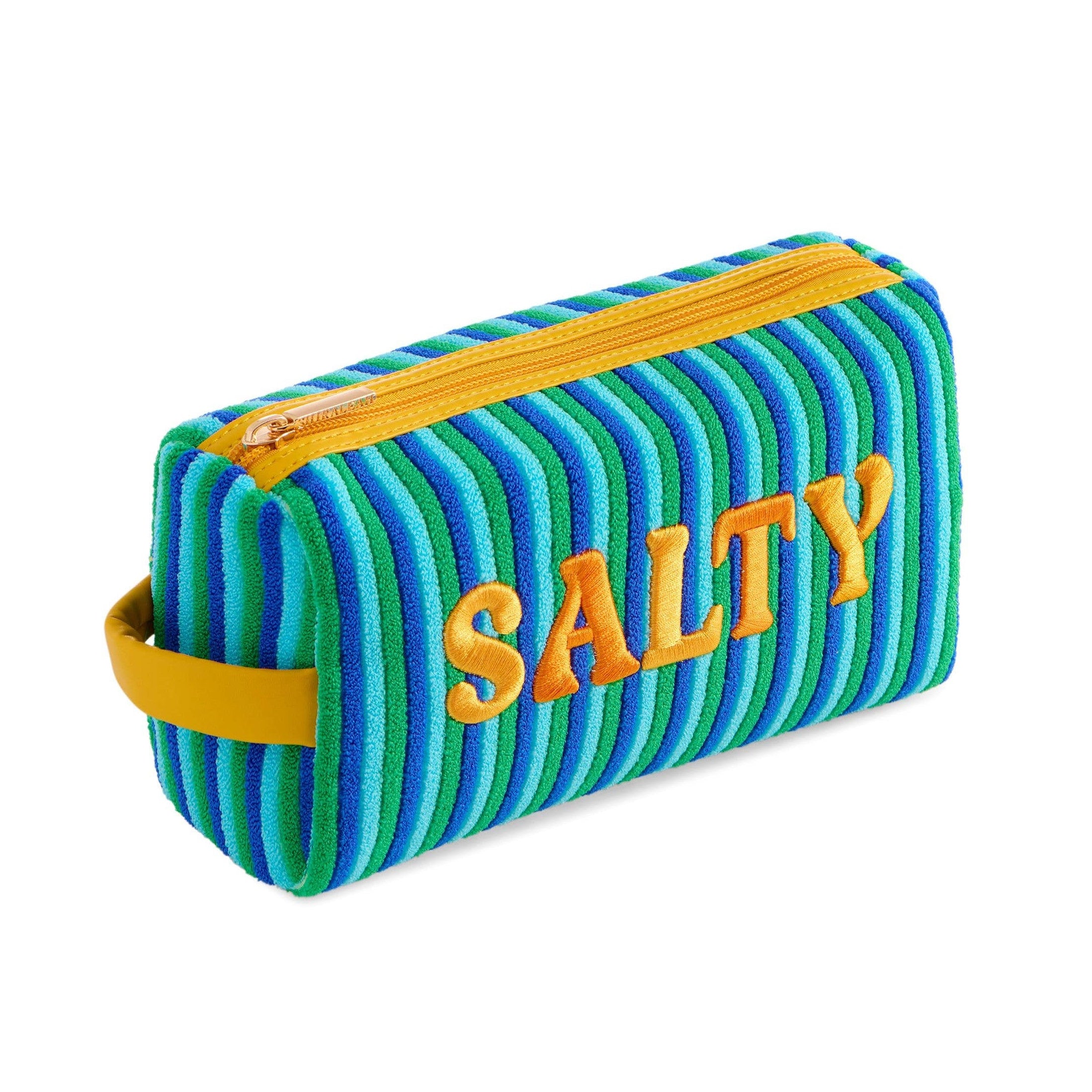 Striped beach pouch with 'Salty' text on a white background